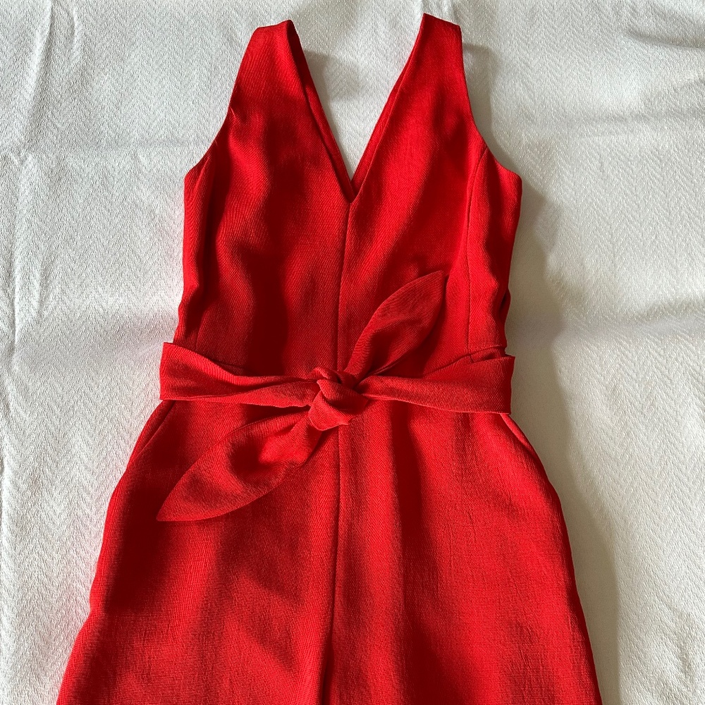 Wilfred Red Sleeveless V-Neck Jumpsuit with Waist Tie